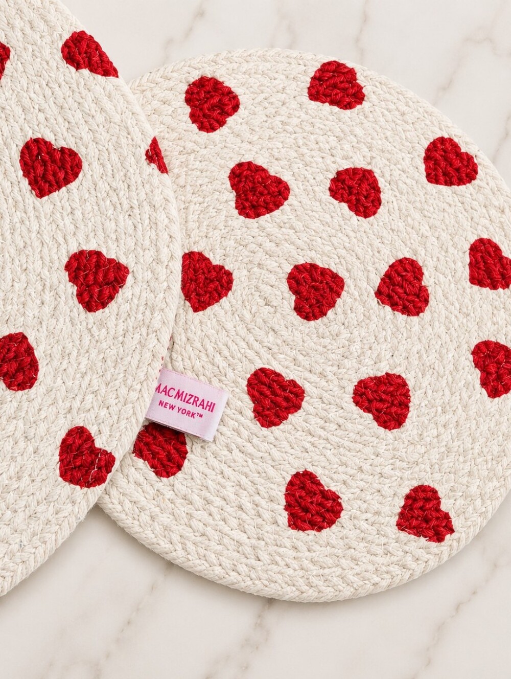 Isaac Mizrahi NY Set of 4 Heart Round Placemats Red Cream Valentine Table Decor - Picture 2 of 4